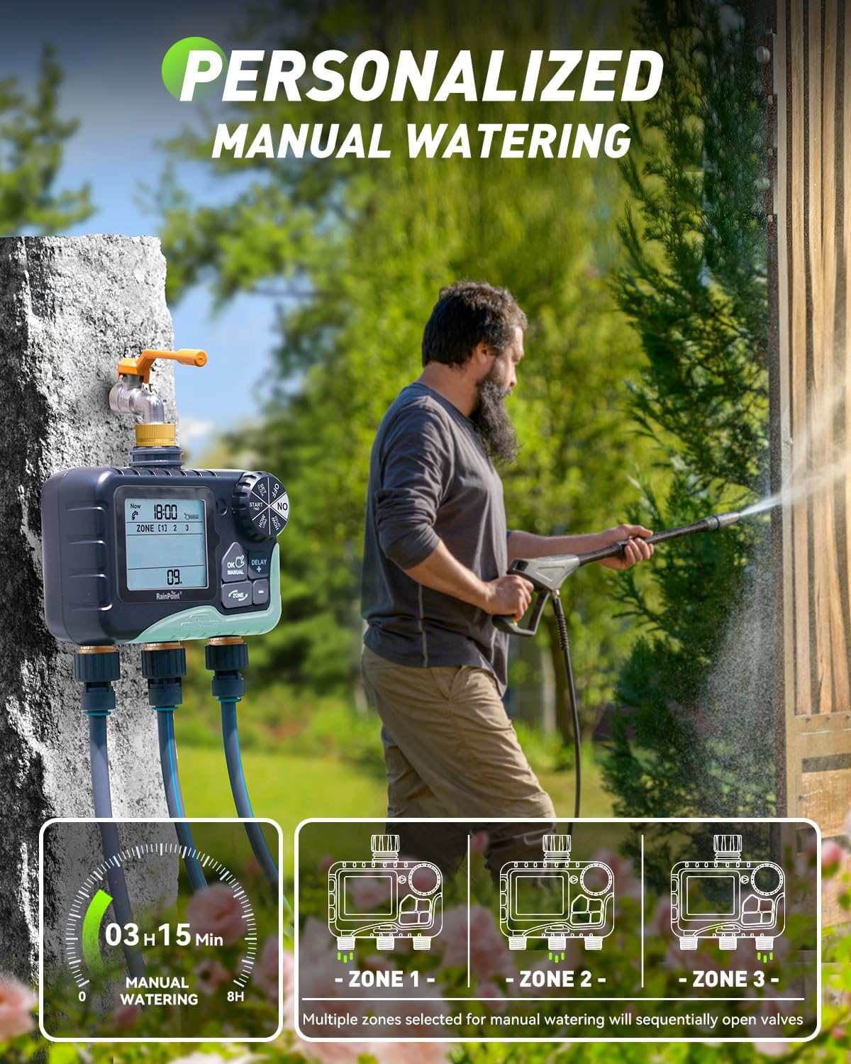 RAINPOINT 3-Zone Water Timer - IP65 Waterproof, Customizable Sprinkler Plans, Large LCD Display