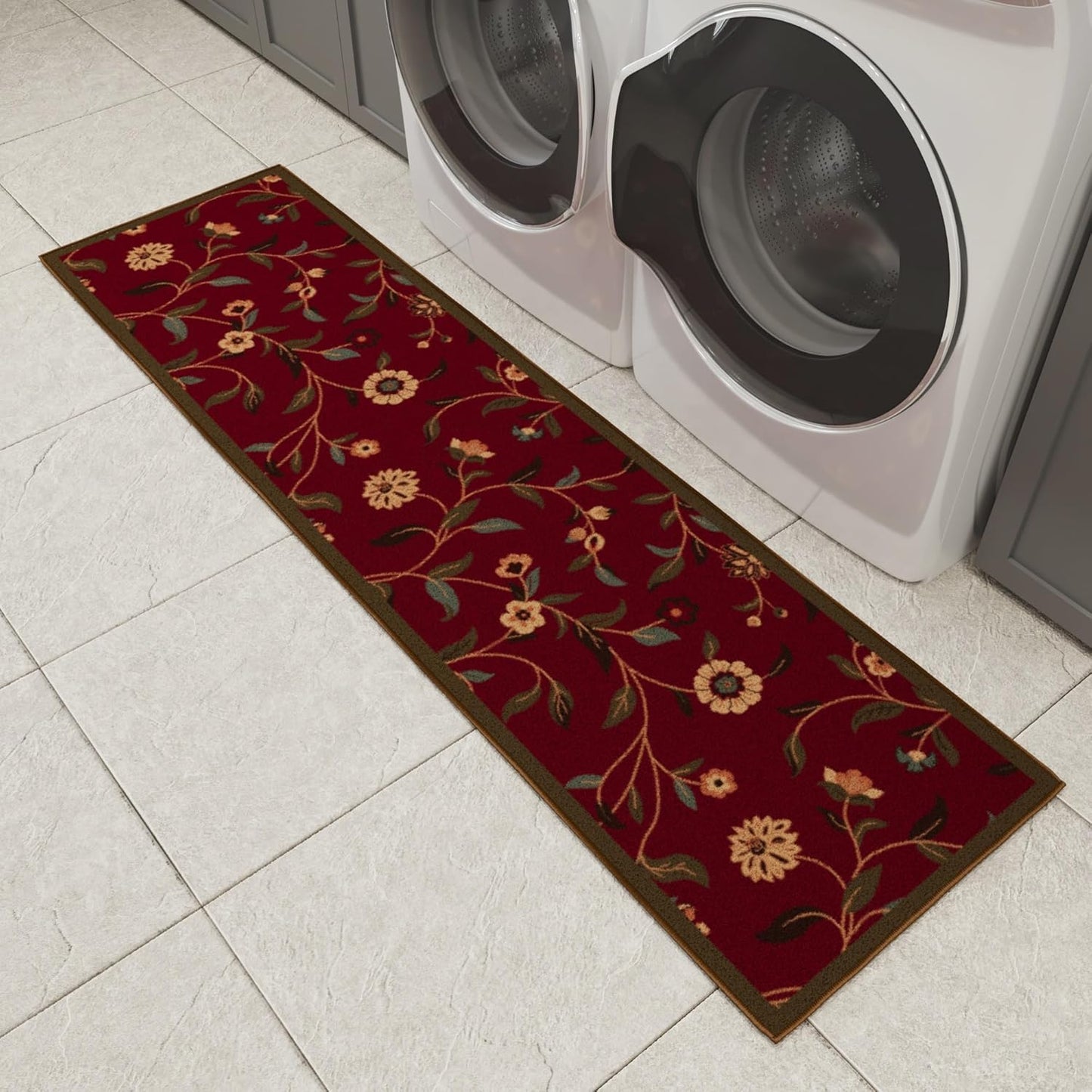 Ottomanson Hallway Runner Rug - Non-Slip Floral Design | Easy to Clean 1'10" x 6' Red Carpet for Entryway & Living Room