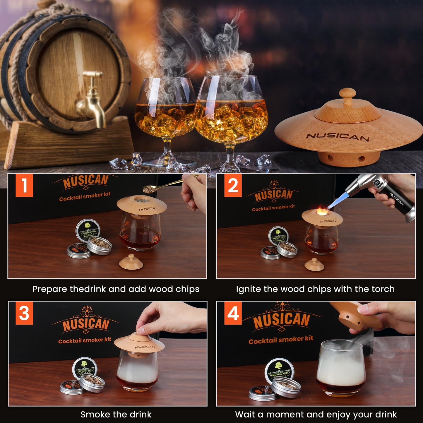 Cocktail Smoker Kit with Torch, 6 Flavors Wood Chips for Whiskey and Bourbon, Old Fashioned Smoker Kit for Infused Cocktail, Cheese, Salad and Meats, Gifts for Men, Dad and Boyfriend (No Butane)