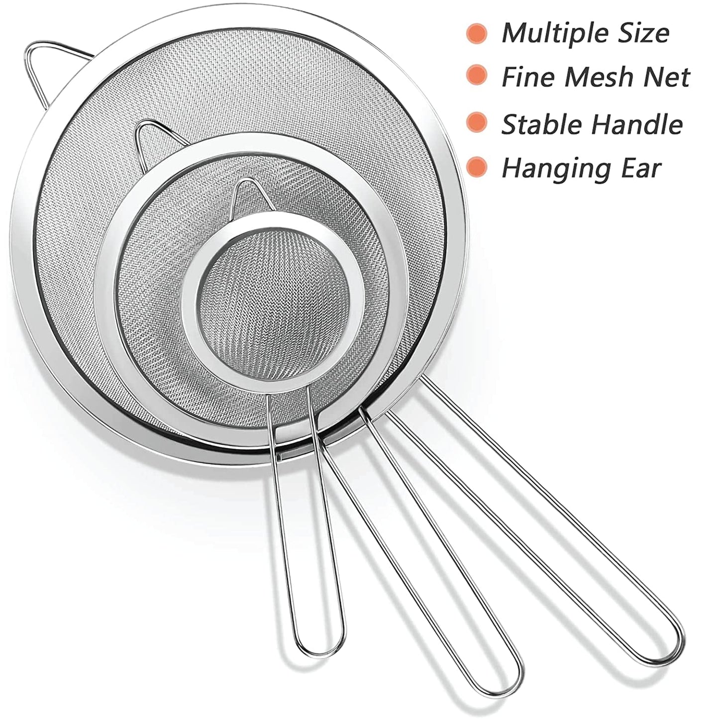 3 Fine Mesh Strainers Set with Handle for Kitchen - Sizes 7", 4.7", 3.3", Easy Clean 304 Stainless Steel, Comfortable Non-Slip Grip. Ideal for Tea, Coffee, Rice, Quinoa, Veggies & Fruits
