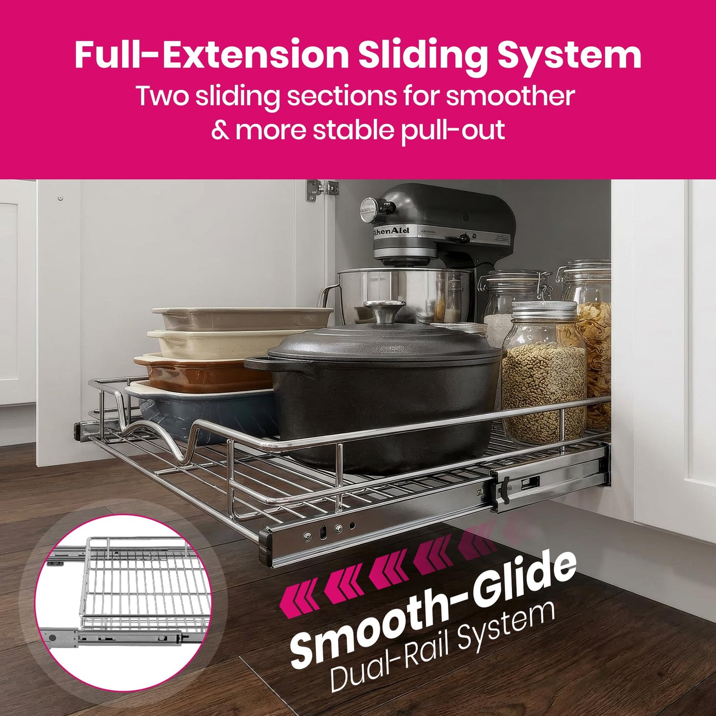 HOLDN’ STORAGE Pull Out Cabinet Organizer - Heavy Duty Steel with Smooth Slide-Out Drawers, Chrome Finish - 20" W x 17" D Basket, Fits 21.25" Cabinet Opening