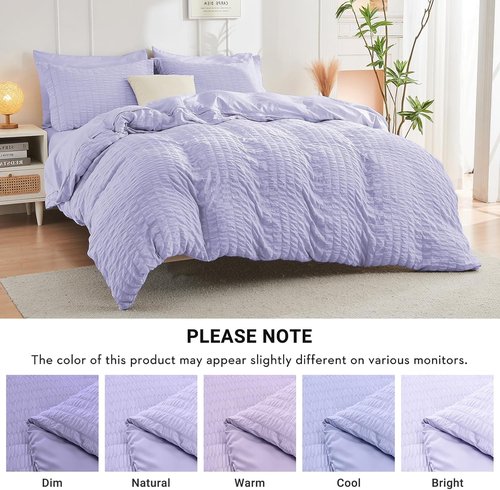 HYMOKEGE Queen Comforter Set - Light Purple Seersucker 7-Piece Luxury Bedding Set for All Seasons