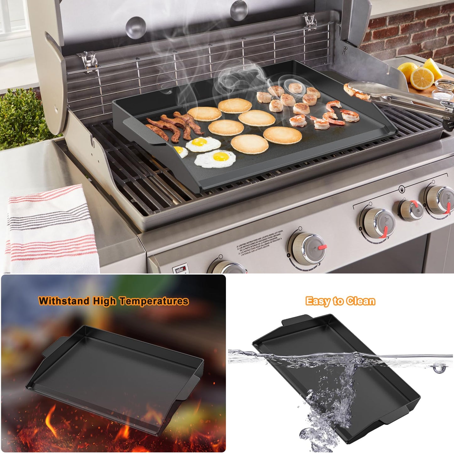 Onlyfire Universal Cast Iron Cooking Griddle, Pre-Seasoned Nonstick Coating Griddle Flat Top Grill Plate with Extra High Sidewalls for All Gas Grills and 4 Burner Range Oven, 23" x 16"
