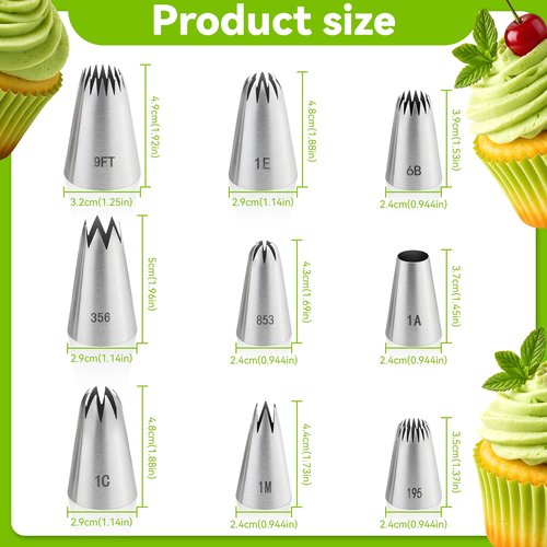 9PCS Large Piping Tips Set, Stainless Steel Cake Decorating Tips, Pastry Cake Decorating Tips Baking Tools for Baking Cupcakes, Cake Decorating