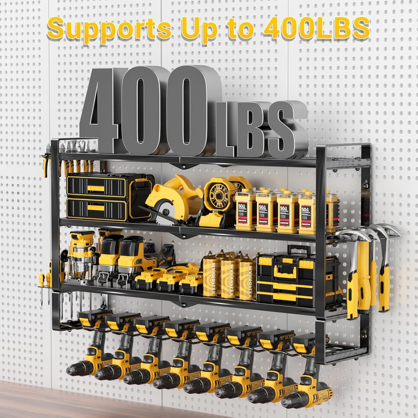 Skiennix Heavy Duty Power Tool Organizer - 4 Layers Wall Mount Rack with 8 Cordless Drill Holders | 400lbs Capacity