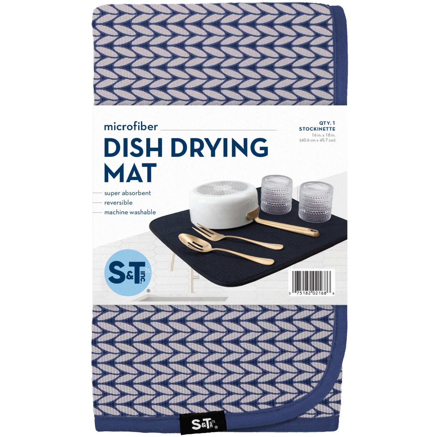 S&T INC. Dish Drying Mat, 16” x 18”, Absorbent Microfiber Kitchen Counter Mat, Dish Drying Pad for Dishes, Utensils, Pots and Pans, Large, Blue Stockinette