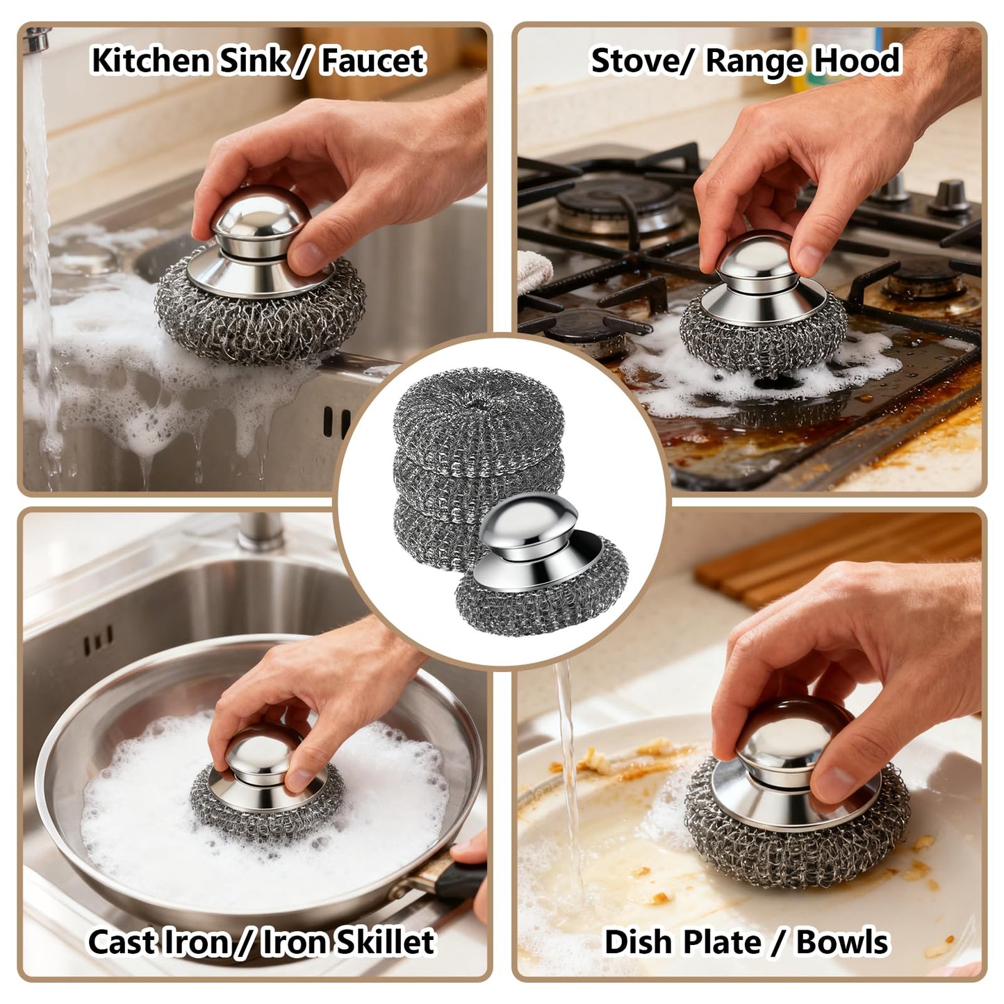 Steel Wool Scrubber, 4-Pack Stainless Steel Scrubber Pads with Handle - The Ultimate Scouring Solution for Rust, Stubborn Messes on Cookware, Grill, Oven & Kitchen Sinks