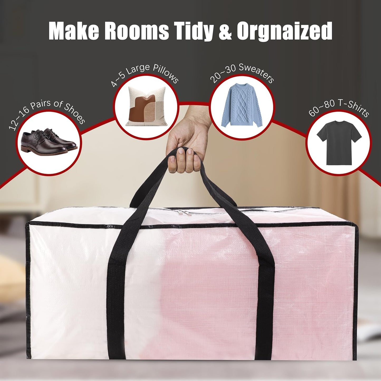 PANDA JOYS Extra Large Moving Bags - Heavy-Duty Storage Totes with Zippers & Handles | 8 Pack, Semi-Transparent