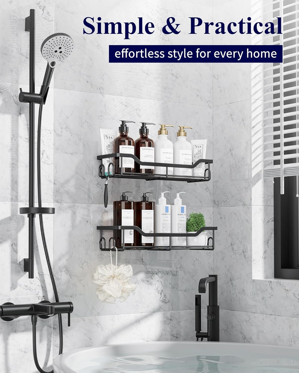 Kitsure Shower Caddy - Large Adhesive Organizer | Stainless Steel Shelf for No-Drill Bathroom Storage, 2 Pack, Black