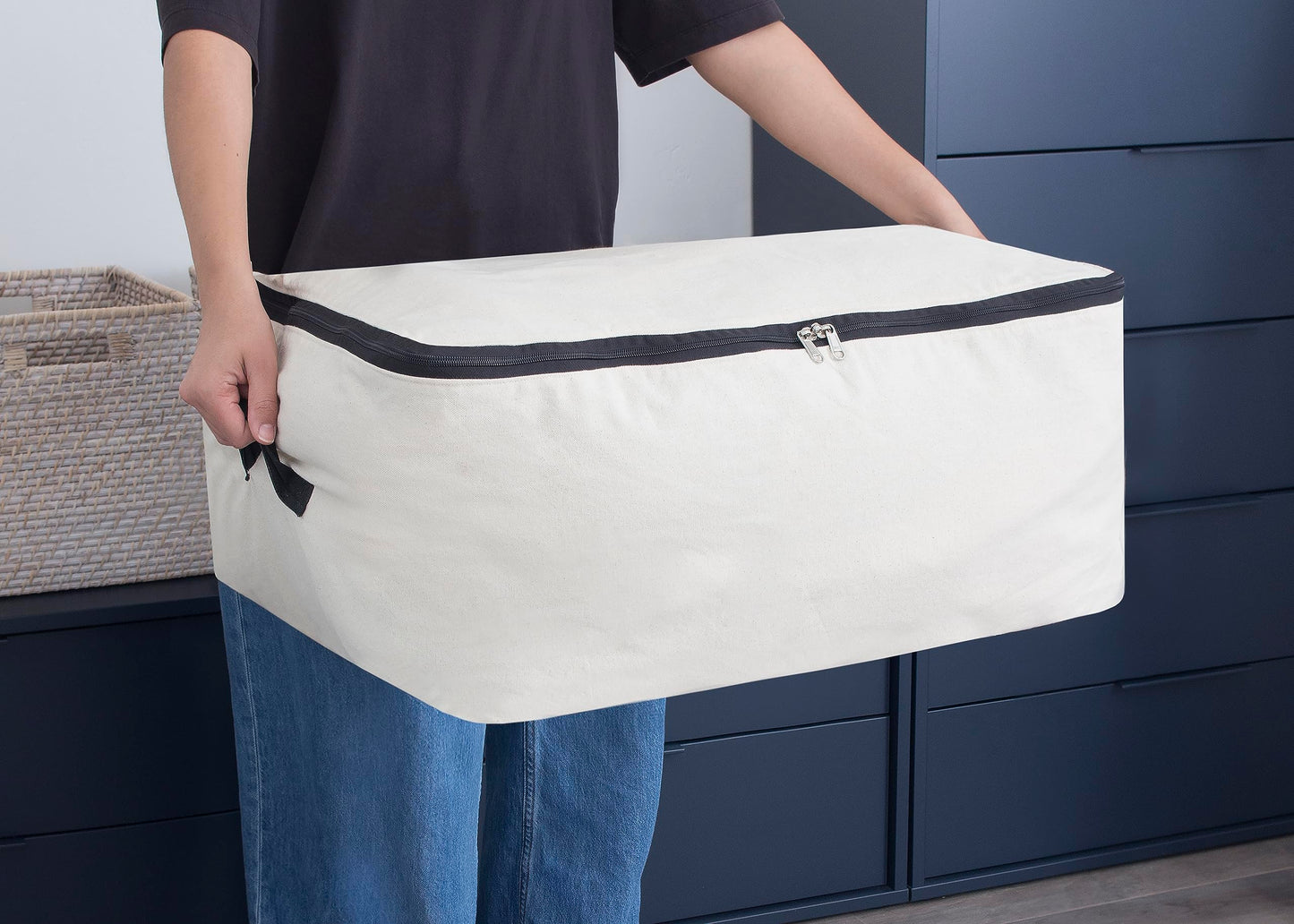 Comforter Storage Bags with Zipper - Sturdy 100% Cotton Canvas Quilt Storage Bags with Zipper - Extra Large with Handles to Conveniently Store Pillows, Blankets, Sheets, and Bedding (3 Bags)
