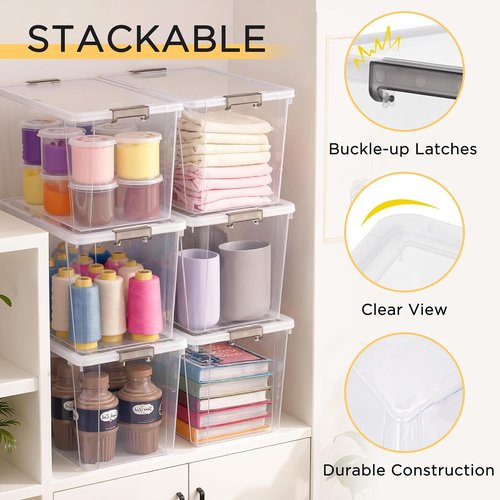 Citylife 7.8 QT Small Storage Bins - Stackable Plastic Containers with Lids | Clear White 6-Pack