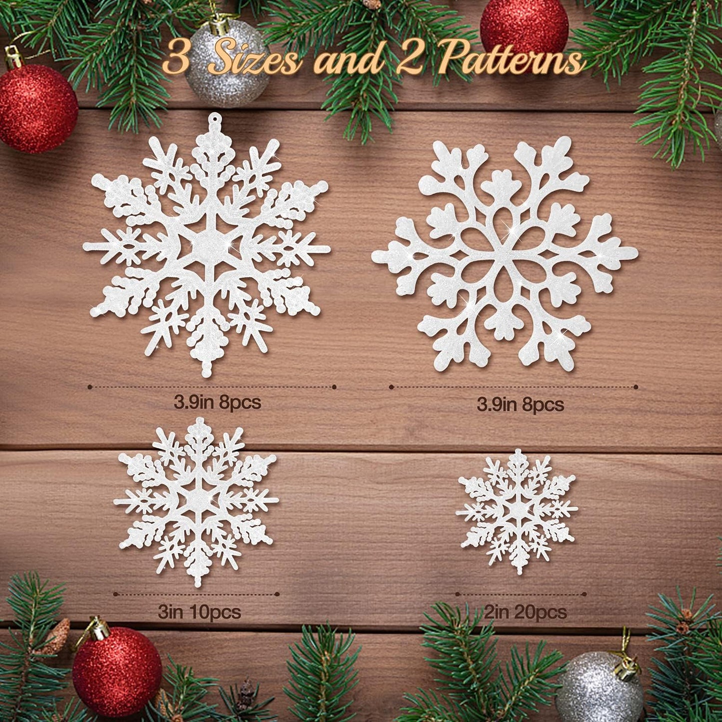 Skiennix 46 Pcs White Glitter Snowflake Ornaments - Various Sizes for Winter Wonderland Decor