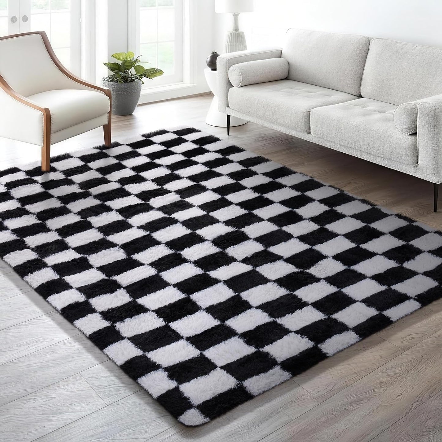 Ophanie Checkered Black & White Area Rug - Fluffy Soft Shag Carpet for Living Room & Bedroom | 6x9 Furry Design