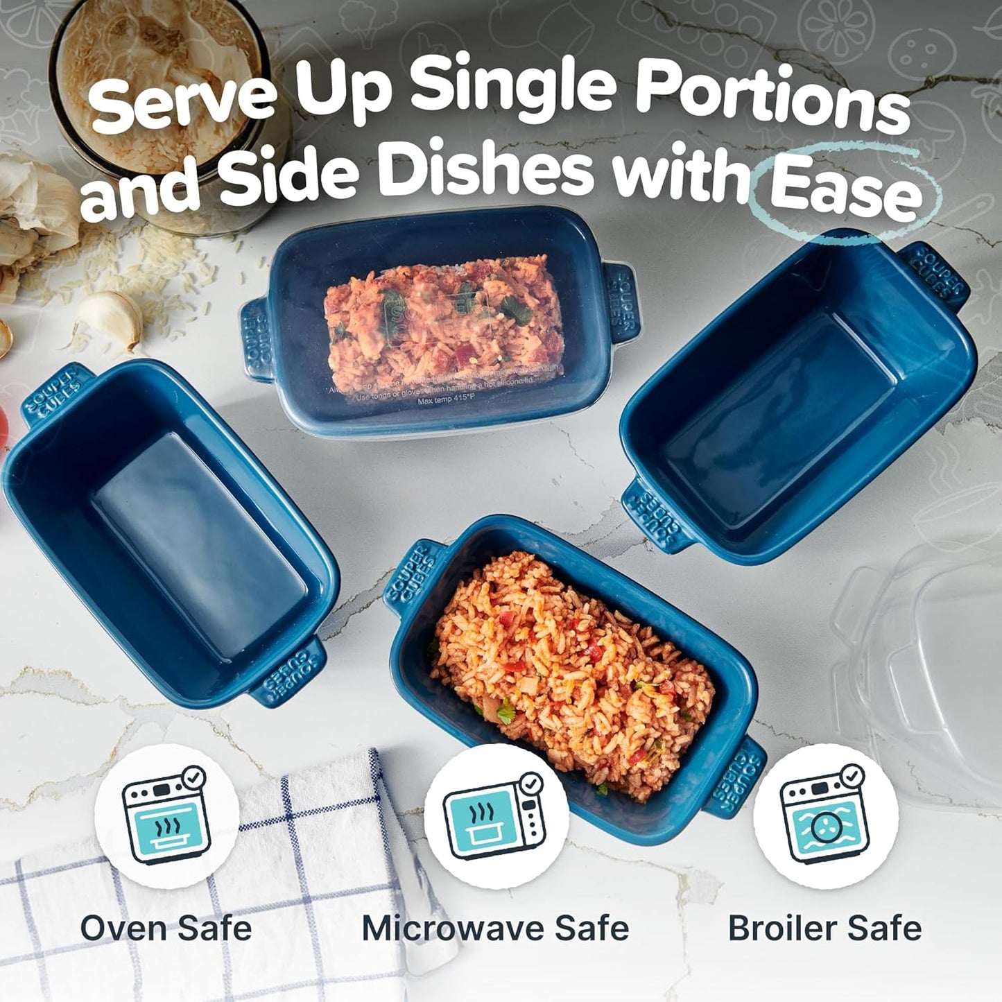 Souper Cubes Stoneware - Small 5" x 3" Ceramic Baking Dish Set of 4 with Silicone Covers | Ideal for Reheating Single Servings - Blueberry
