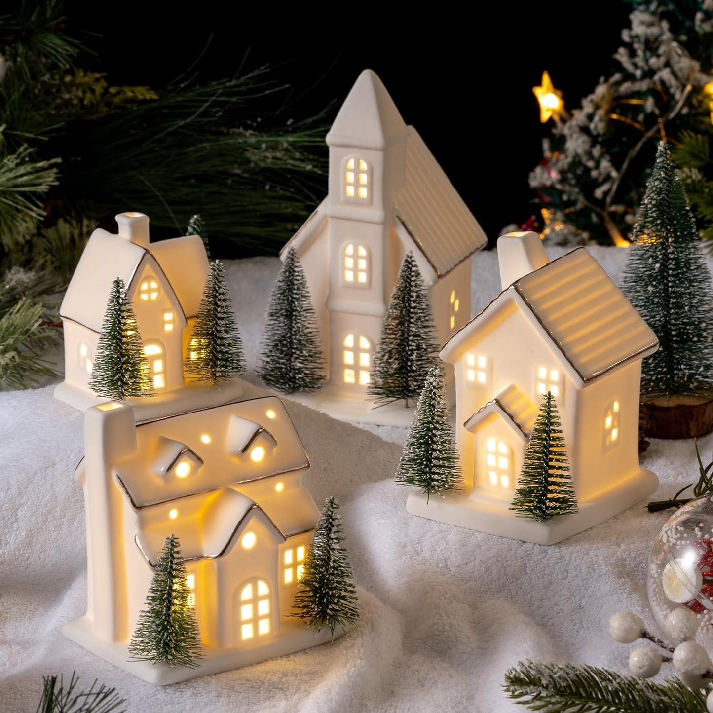 Skiennix Ceramic Christmas Village Set - LED Porcelain Houses with Xmas Trees | 4-Piece Tabletop Decor