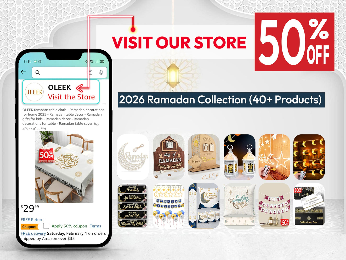 OLEEK Ramadan Lights Decorations 20 ft- Ramadan Decorations for Home 2026 - Ramadan Decoration Lights (40 LEDs)- Ramadan Gifts for Kids - Ramadan Decor - زينه رمضان - Ramadan led Lights