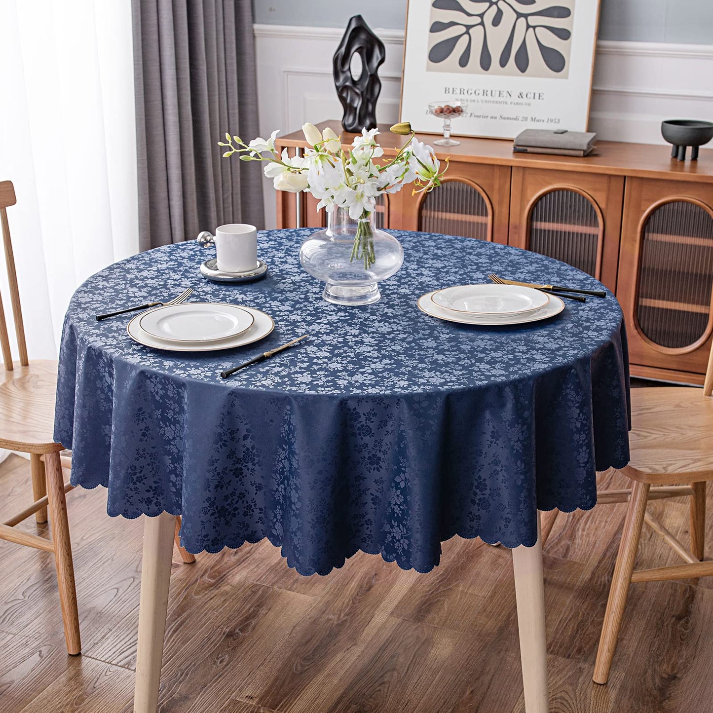 Smiry Round Table Cloth, Waterproof Heavy Duty Vinyl Tablecloths, Wipeable Washable Table Cover for Kitchen and Dining Room (Navy Blue, 70" x 70")
