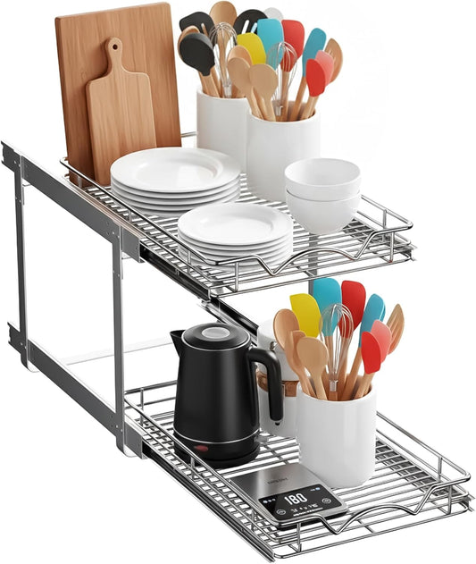 2-Tier Cabinet Organizer by [Brand Name] - Heavy-Duty Steel Frame with Full-Extension Shelves | Easy Install for Kitchen & Pantry, 14" W x 21" D x 16.5" H
