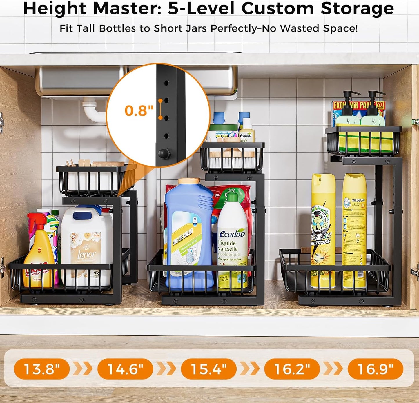 Skiennix Under Sink Organizer - 2 Tier Sliding Storage Solution | Height Adjustable, Anti-Rust, Black
