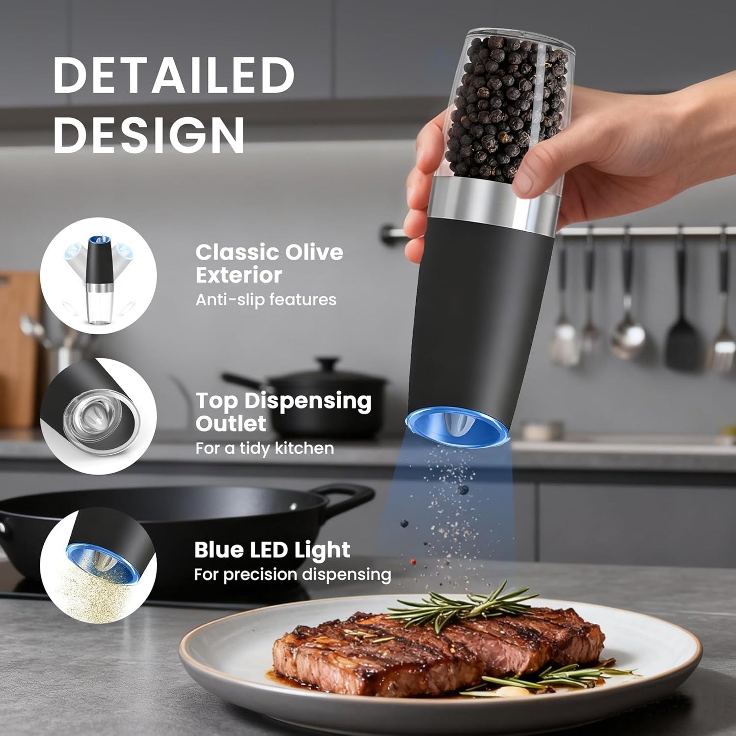UNNEES Electric Salt and Pepper Grinder Set - Automatic, Adjustable Roughness, LED Light | 2 Pack (Black)