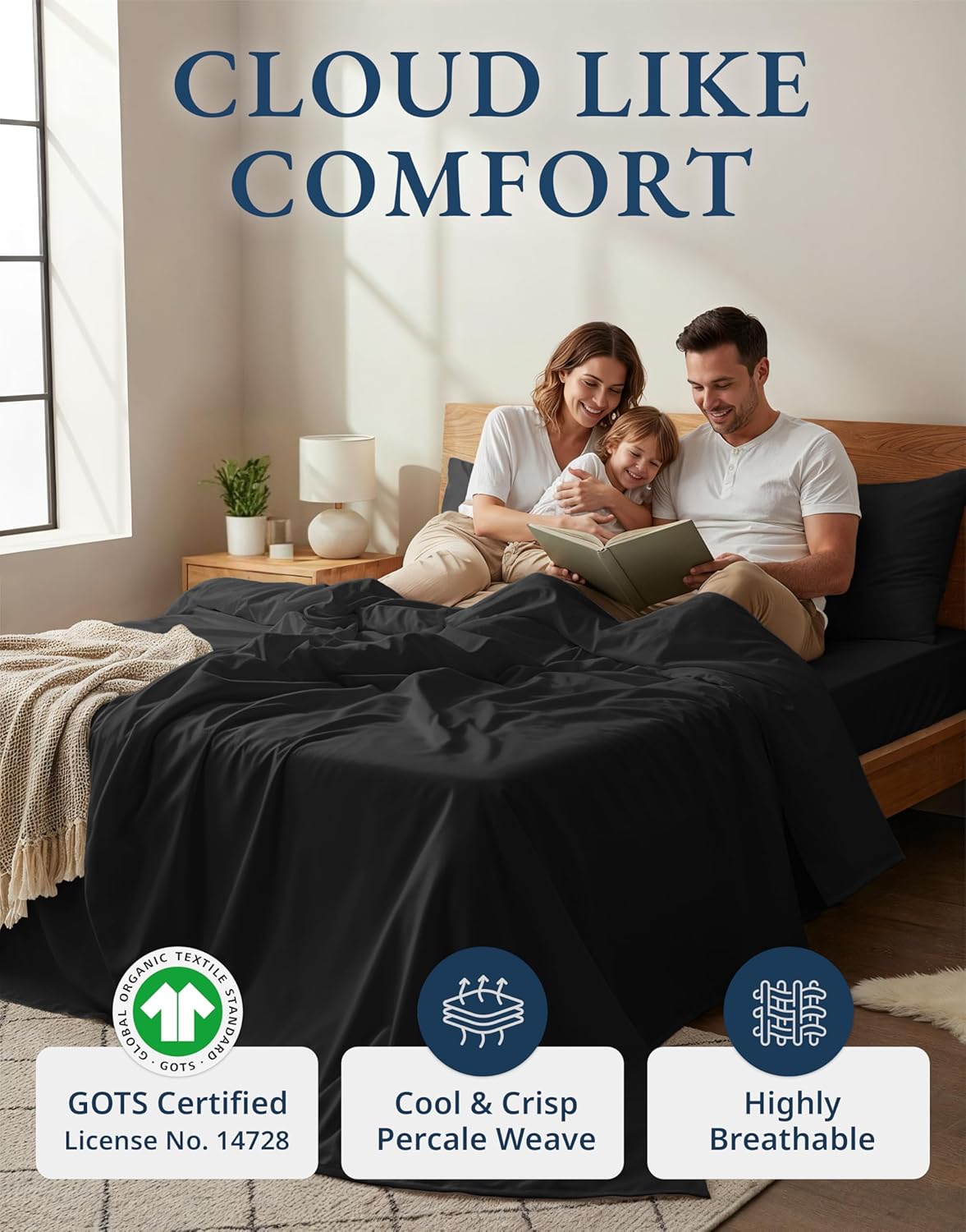 LANE LINEN King Size Organic Cotton Bed Sheets - Soft, Comfy Percale Bedding Set | Black Color