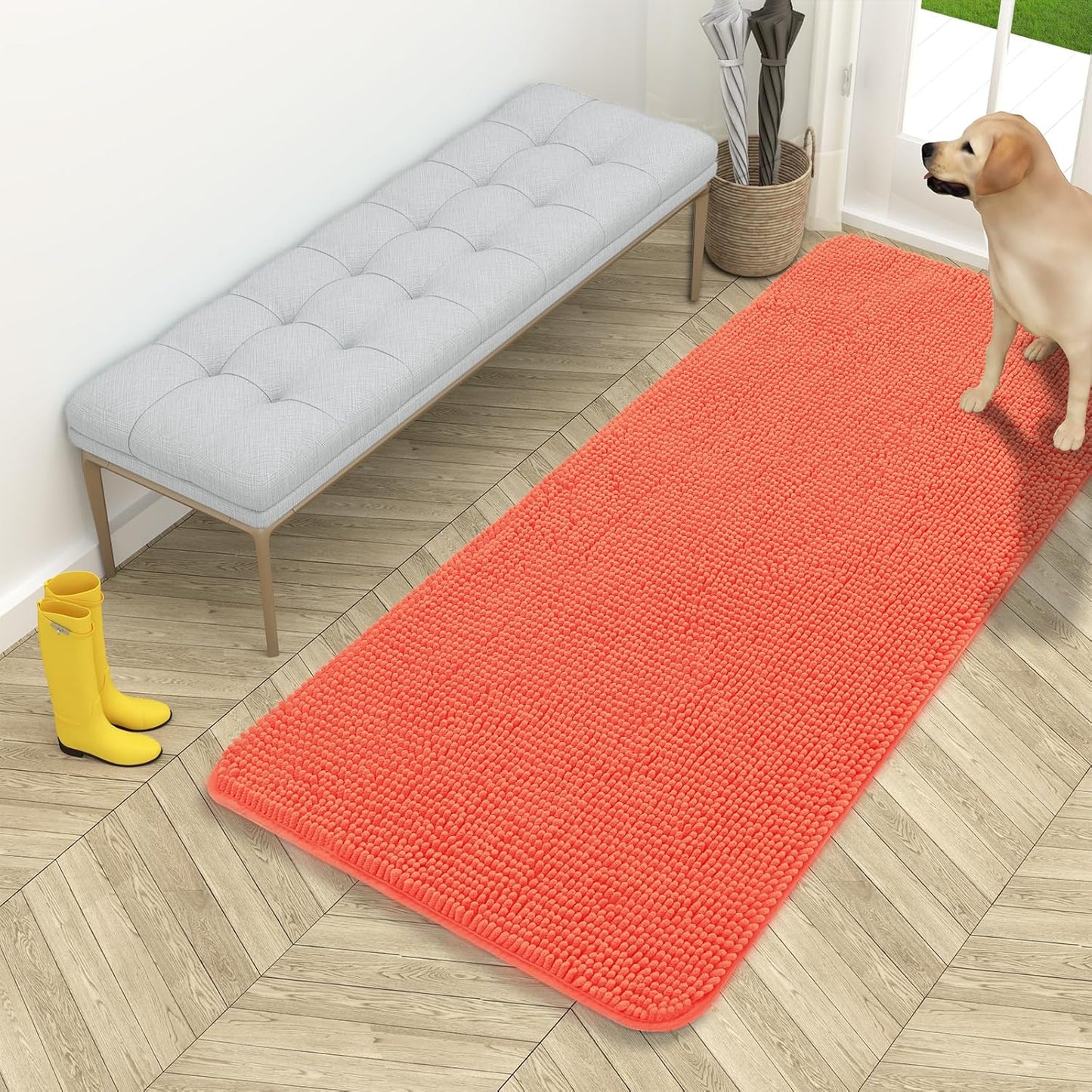 OLANLY Dog Door Mat - Absorbent Non-Slip Chenille Mat for Muddy Paws | 54x24 Coral, Quick Dry & Washable
