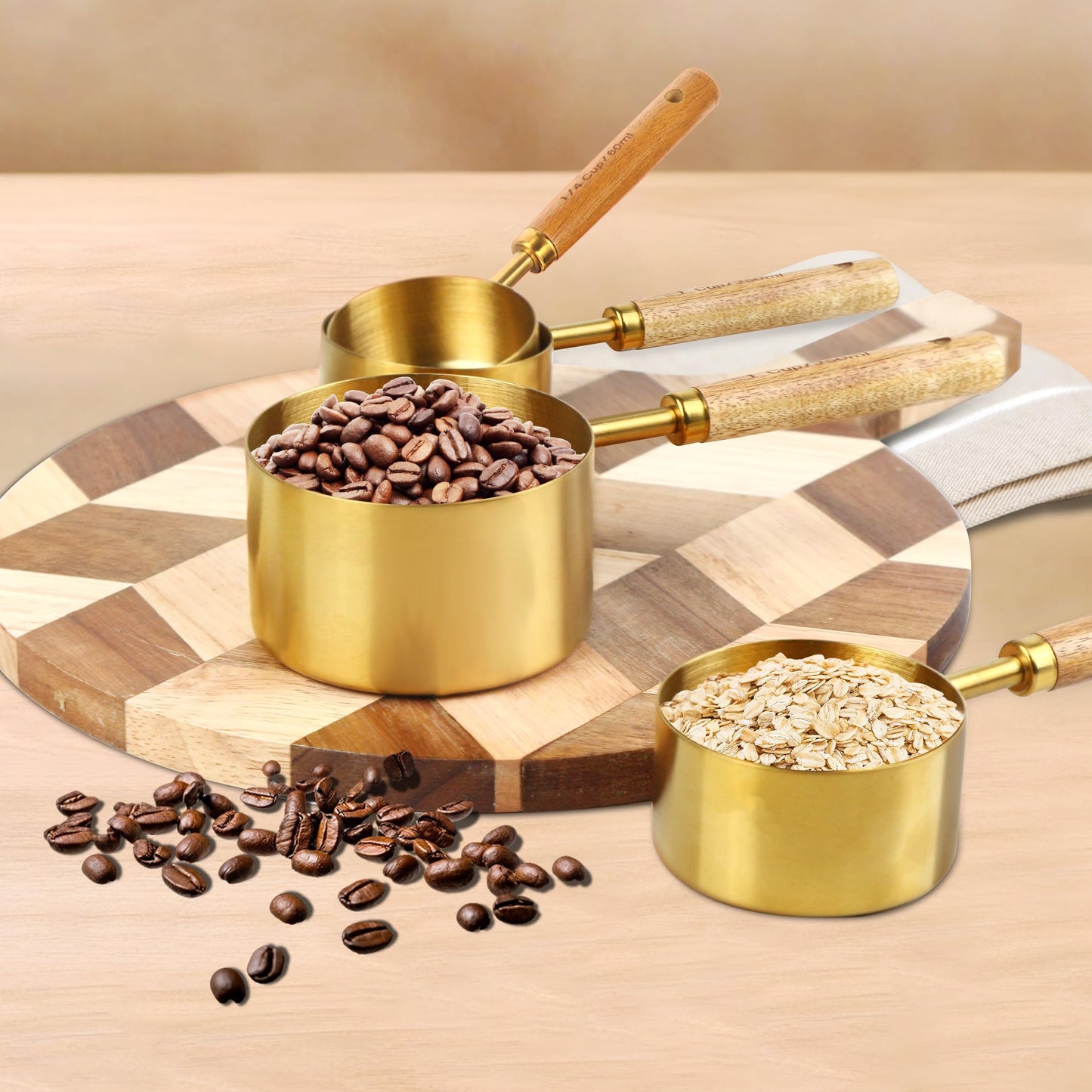 Gold Measuring Cups and Spoons Set,8 Piece Premium Stainless Steel Measuring Cups with Wood Handles,4 Stackable Wooden Measuring Cups and 4 Measuring Spoons Set for Baking Supplies in the Kitchen