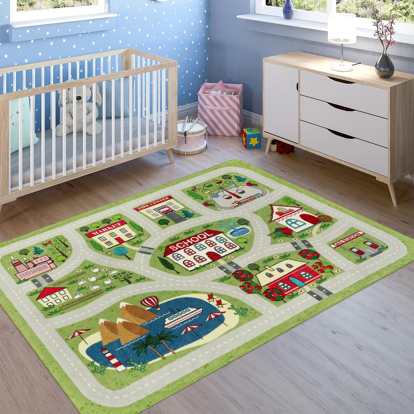 LIVEBOX Green Washable Playroom Rug, 4'x6' Non-Slip Soft Car Rug for Boys Room, Baby Nursery, Kids Floor Mats for Boys Girls Dorm Toy Room Tent