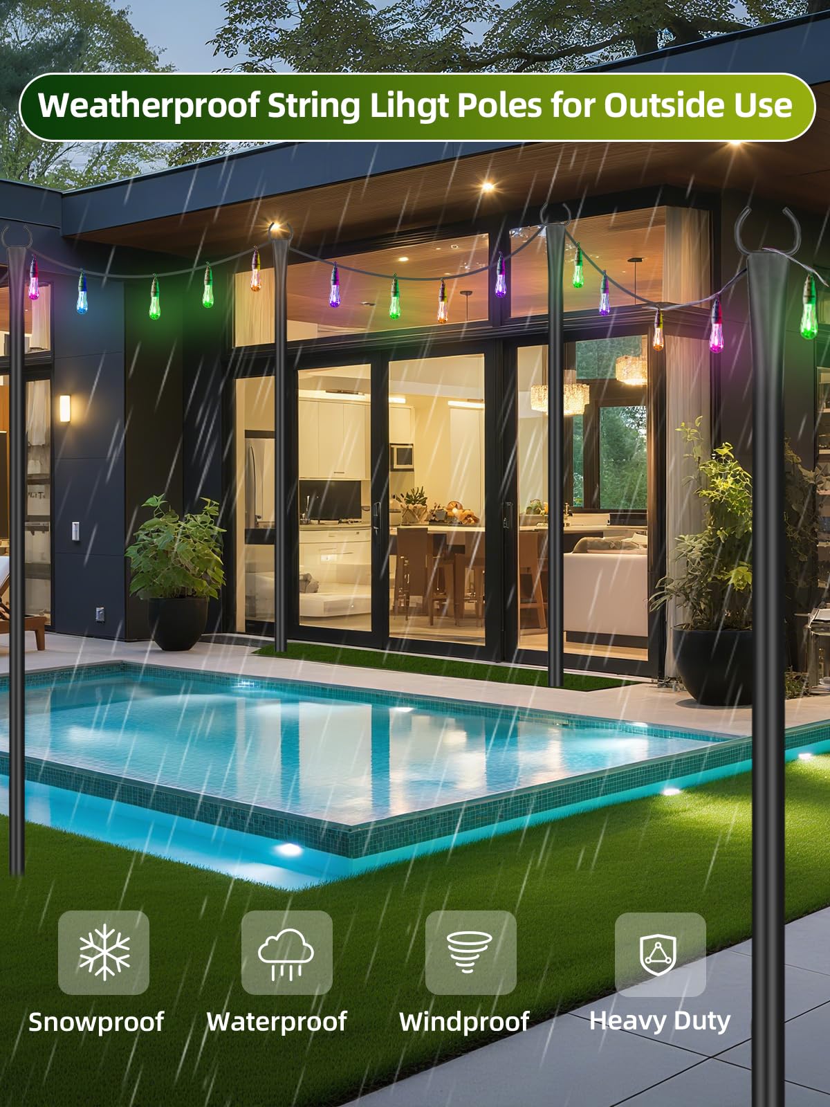LRYXEG String Light Poles for Outside 4 Pack, 10ft Metal Outdoor String Light Poles for Deck - Ideal for Patio, Garden, Yard, Front Porch Decorations, Black