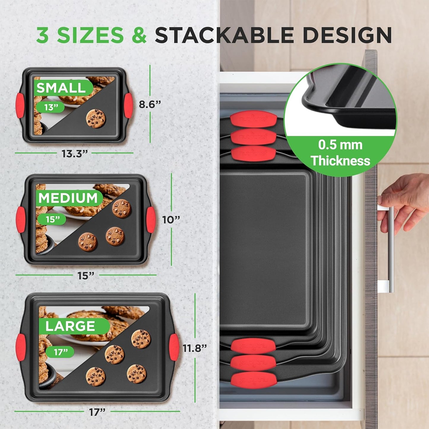 NutriChef 3-Piece Nonstick Baking Pans Set - Premium Commercial Grade Steel with Red Silicone Handles