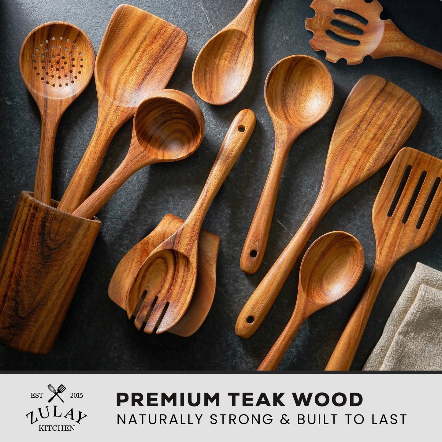 Zulay Kitchen 12-Piece Teak Wooden Utensils for Cooking - Natural Teak Utensil Set with Premium Gift Box - Non-Stick Wooden Spoons for Cooking - Kitchen Gift Set - Comfortable Grip Wooden Utensil Set