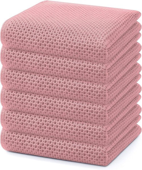 Homaxy 100% Cotton Waffle Weave Dish Towels - Ultra Soft & Absorbent Quick Drying, 13 x 28 Inches, 6-Pack | Dried Rose