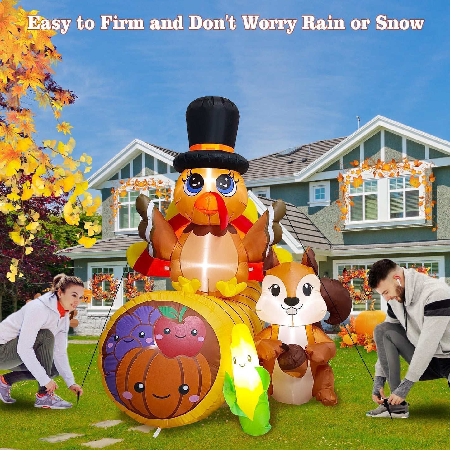 6FT Tall Thanksgiving Inflatables Turkey Decor with Squirrel Corn and Cornucopia, Build in LEDs Blow up Turkey Inflatable Outdoor Indoor Lawn Yard Thanksgiving Decorations - Autumn Holiday Harvest