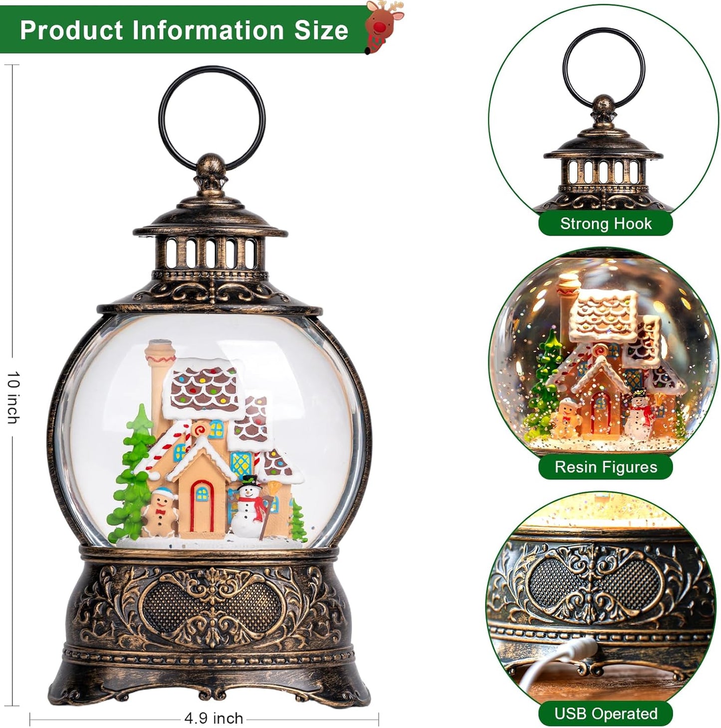 Skiennix Christmas Snow Globe - Gingerbread Man & Snowman Water Lantern with Music & 6H Timer