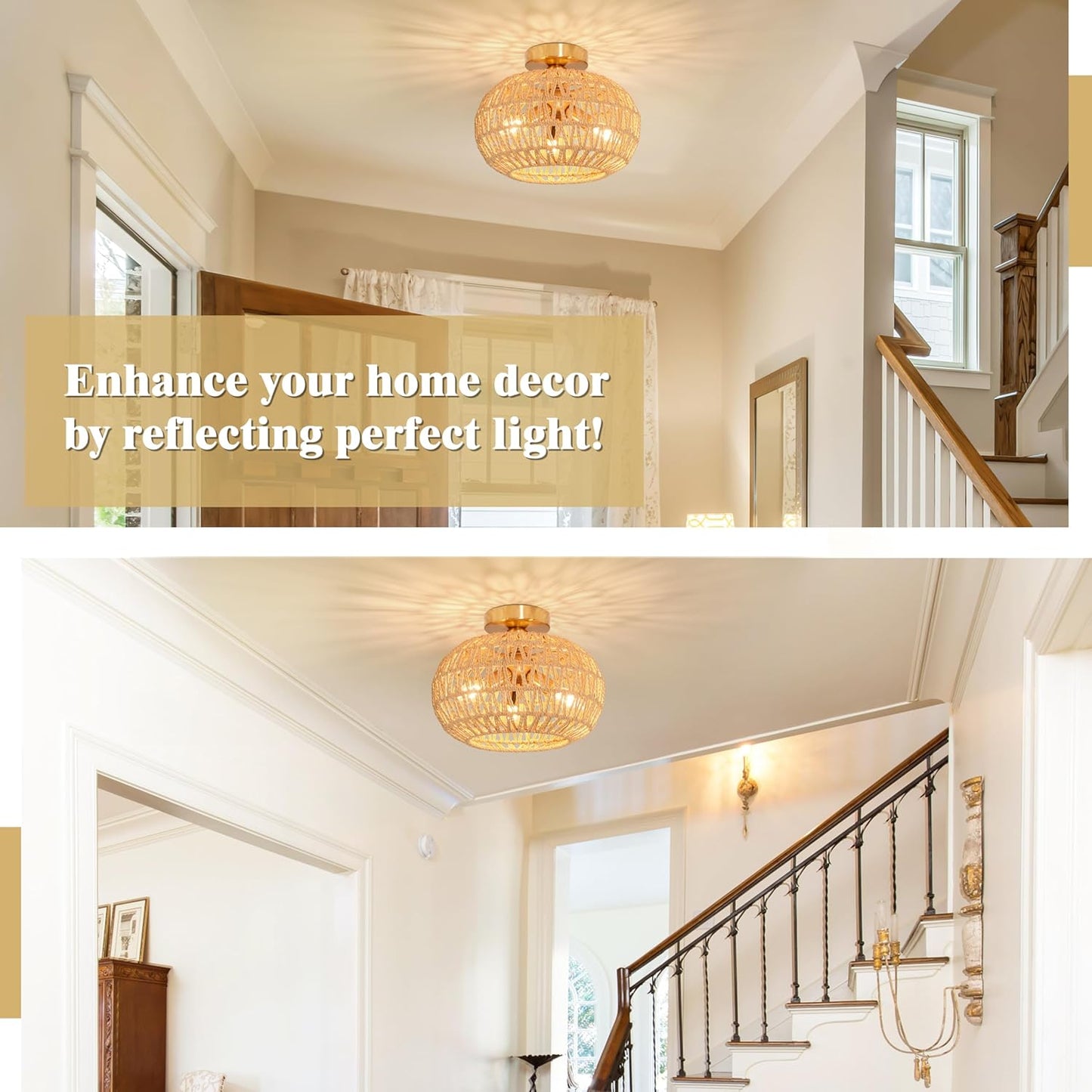 11.8" Rattan Light Fixture 3-Lights Boho Semi Flush Mount Ceiling Light Rattan Close to Ceiling Light Farmhouse Light Fixtures Ceiling with Handwoven Shade for Farmhouse Foyer