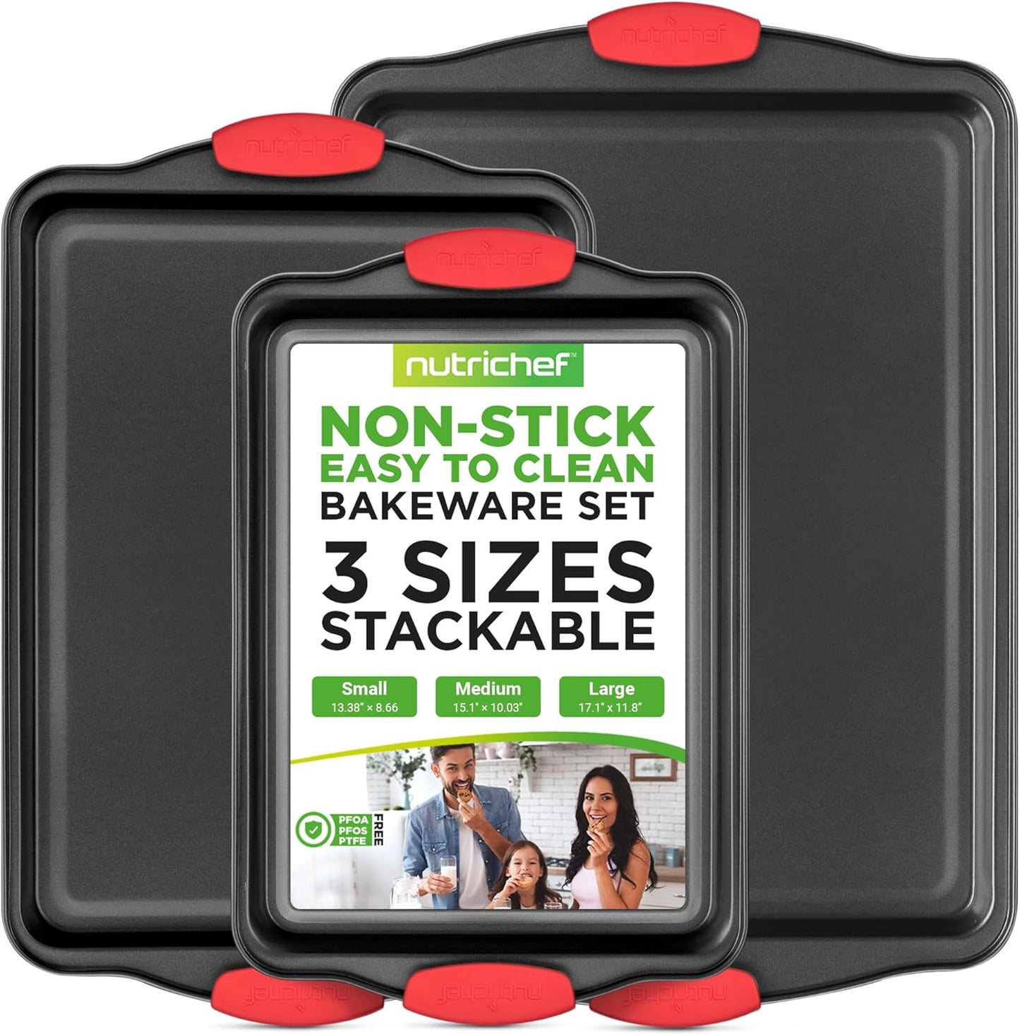 NutriChef 3-Piece Nonstick Baking Pans Set - Premium Commercial Grade Steel with Red Silicone Handles