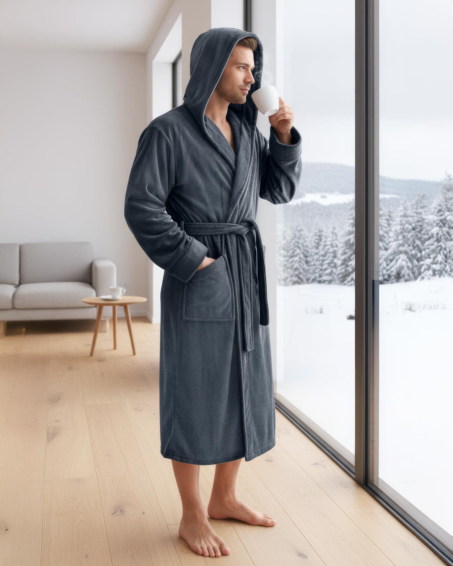 NY Threads Mens Robe with Hood, Luxury Plush Fleece Hooded Mens Bathrobe, Spa Bath Robe for Men, Small/Medium, Grey