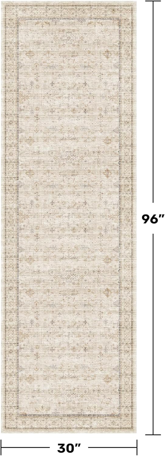 Skiennix Long Ivory Farmhouse Runner Rug - Washable Non-Slip Design | 2'6''x8' Floral Stain-Resistant