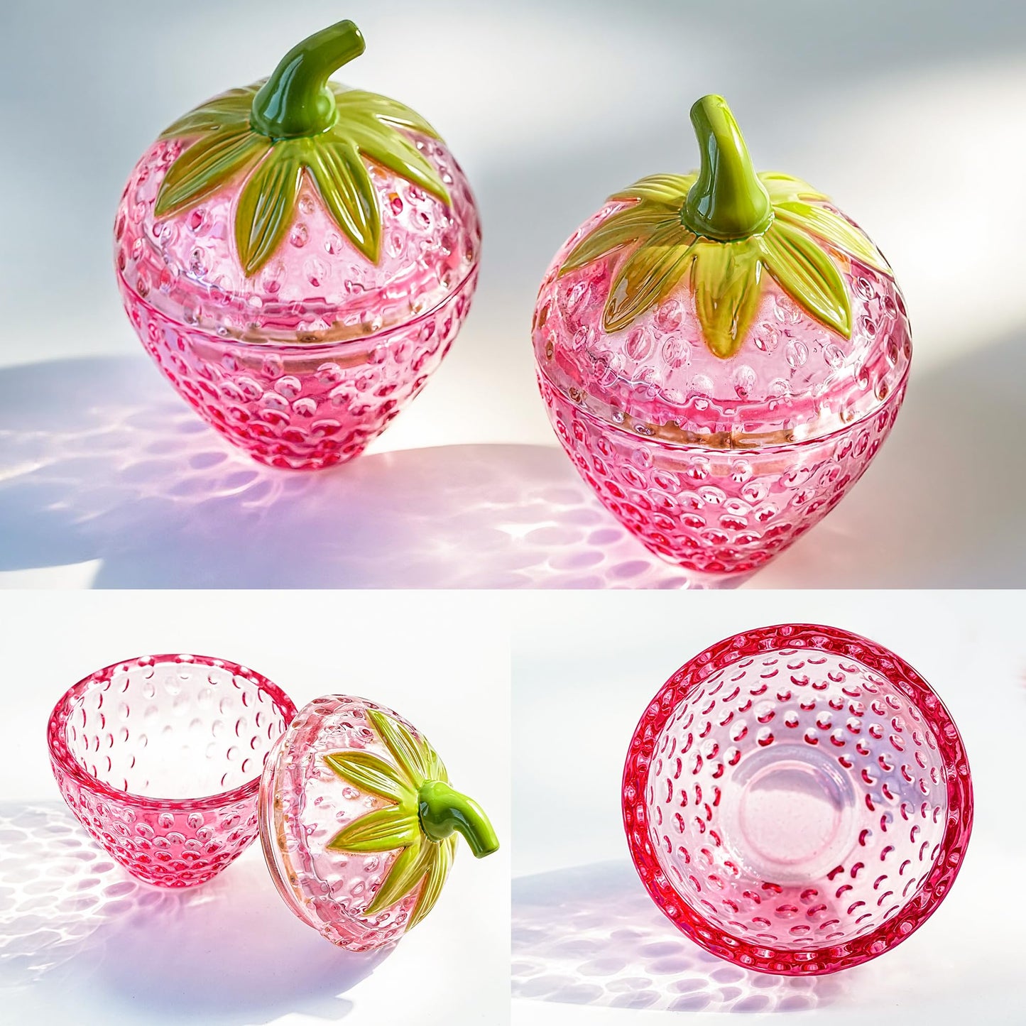 kanpura Pink Strawberry Candy Jar with Lid Small Cute Crystal Candy Dish Set of 2 Glass Decorative Container for Sugar, Cookie, Nuts Valentines Day Gift for Women (3.5 oz)