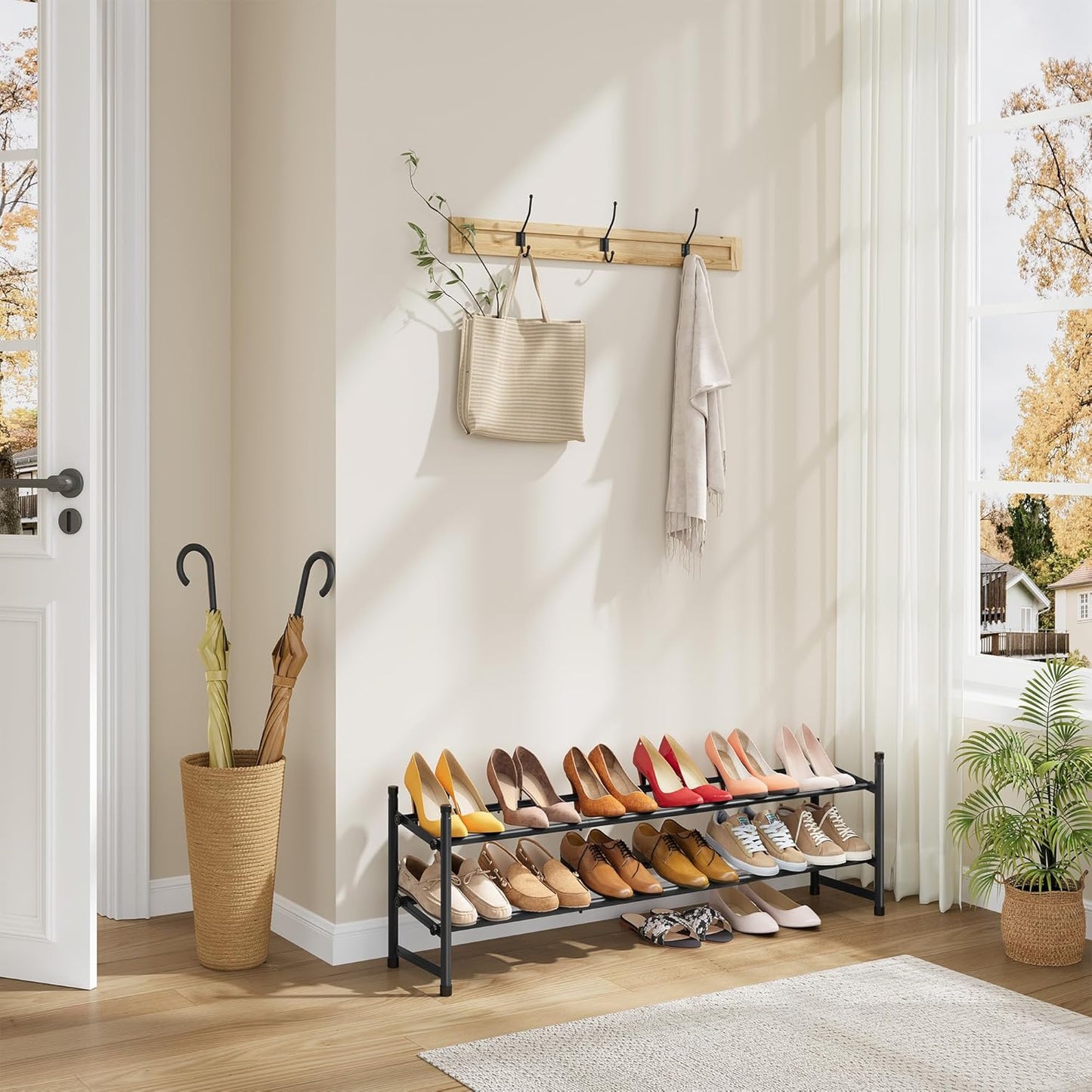 Tajsoon Expandable Shoe Rack - 2 Tier Adjustable & Stackable Metal Organizer | 28"-41" Black Storage Solution