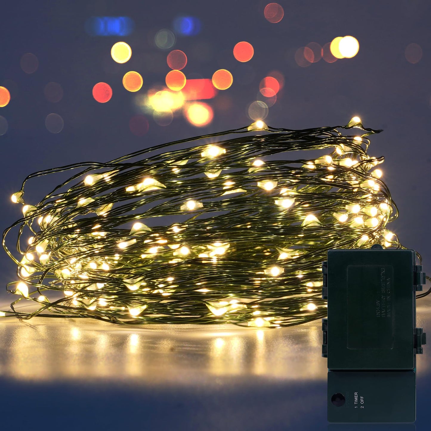 Kangheshun Timer Battery Twinkle Mini Fairy Lights, 1 Pack 200 LED 33ft Dark Green Wire,Firefly Starry LED String Lights Warm White for Wedding Party Christmas Tree Decorations Bedroom Decor