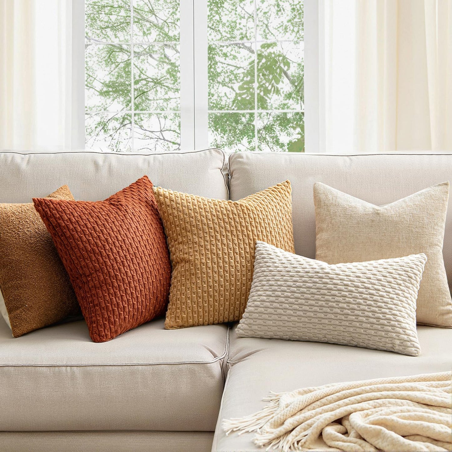 MIULEE Throw Pillow Covers - Soft Corduroy Boho Striped Decorative Set of 2 | Rust 18x18 Inch for Couch & Sofa