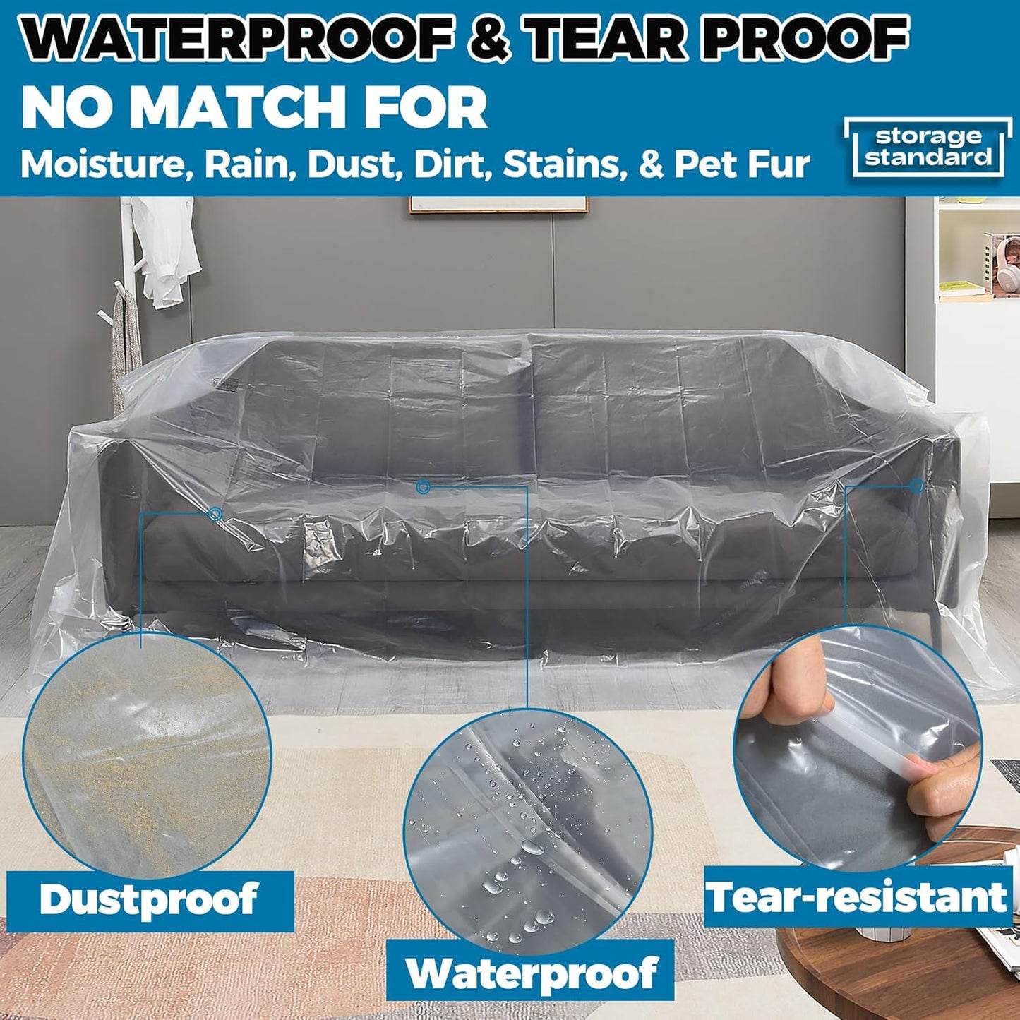 Plastic Furniture Covers - Heavy-Duty Waterproof Couch Cover for Moving | Extra Large 96 x 42 x 62 Inch