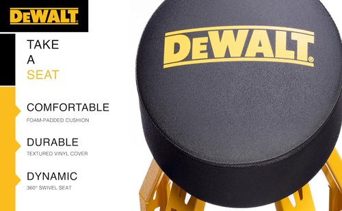 DEWALT Heavy-Duty Metal Stool - 360° Swivel Seat with Storage Tray & Padded Rip-Resistant Seat