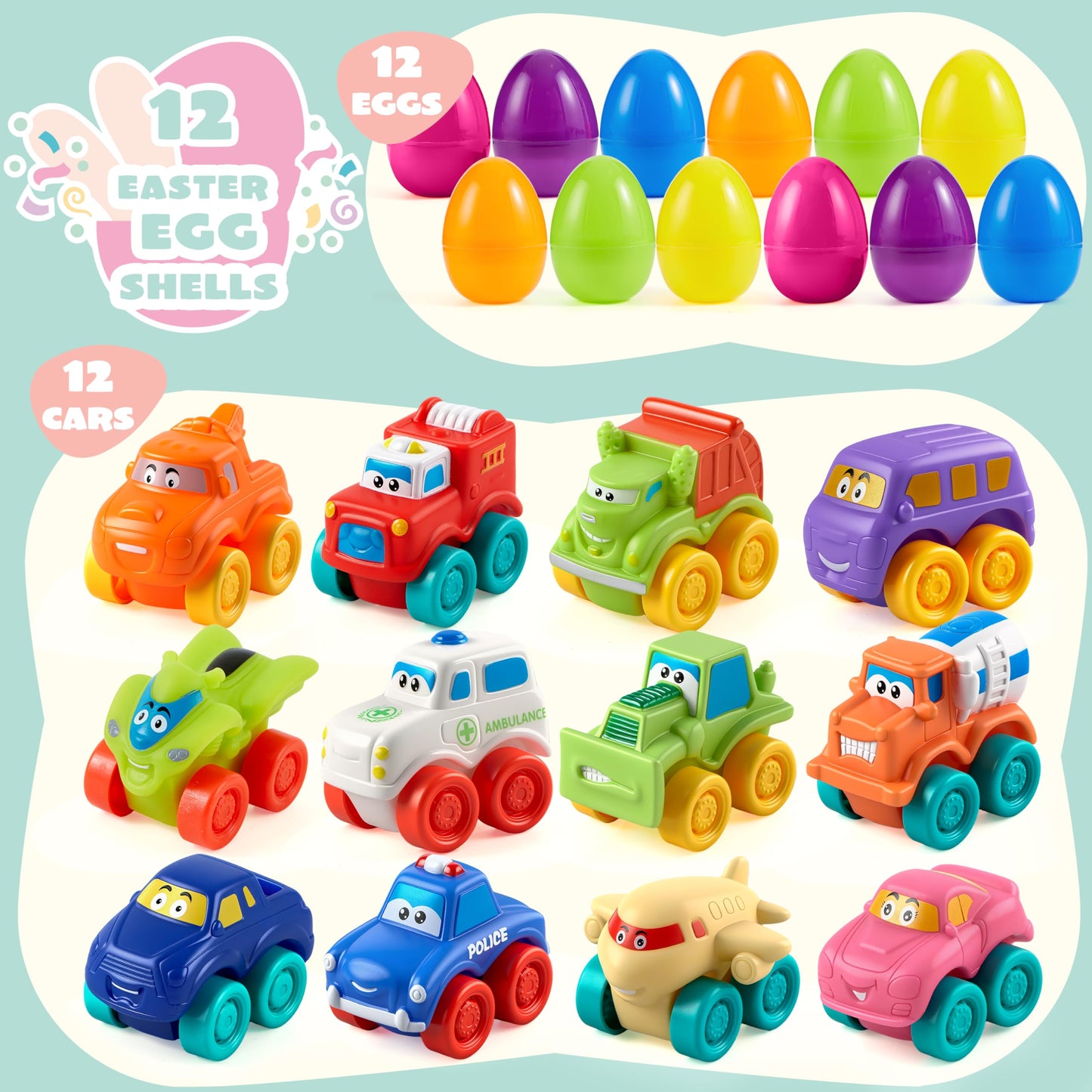 JOYIN 12 Pcs Easter Eggs with Toys, Plastic Eggs with Rubber Cars, Basket Stuffers, Party Favors for Toddlers and Kids, Easter Game, Classroom Prize Supplies
