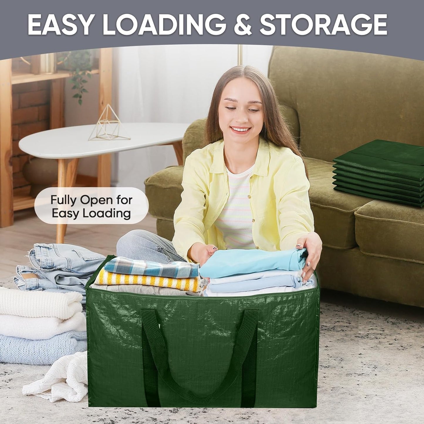 TICONN Extra Large Heavy Duty Moving Bags - Durable Storage with Zippers & Handles | 8 Pack, Olive