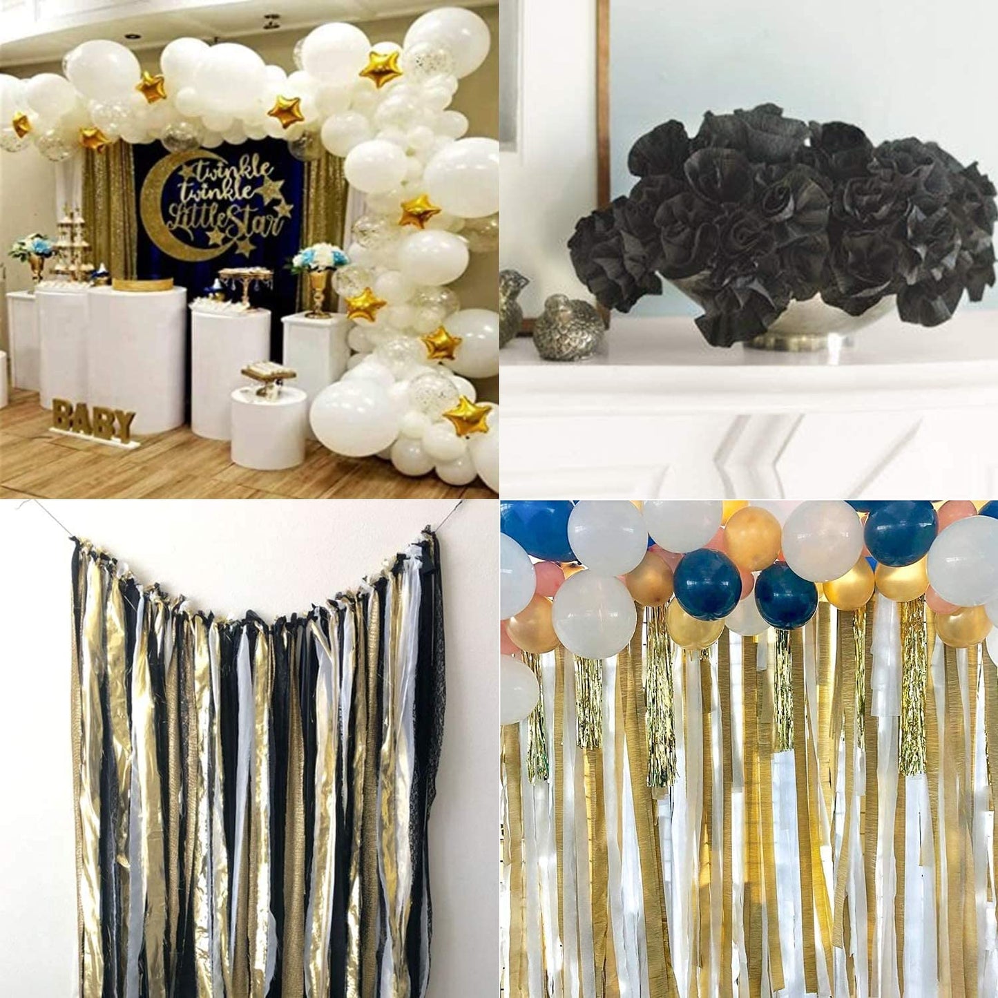 PartyWoo Crepe Paper Streamers 6 Rolls 492ft, Pack of Gold, Silver and Black Party Streamers for Party, Birthday and Wedding Decorations (1.8 Inch x 82 Ft/Roll)