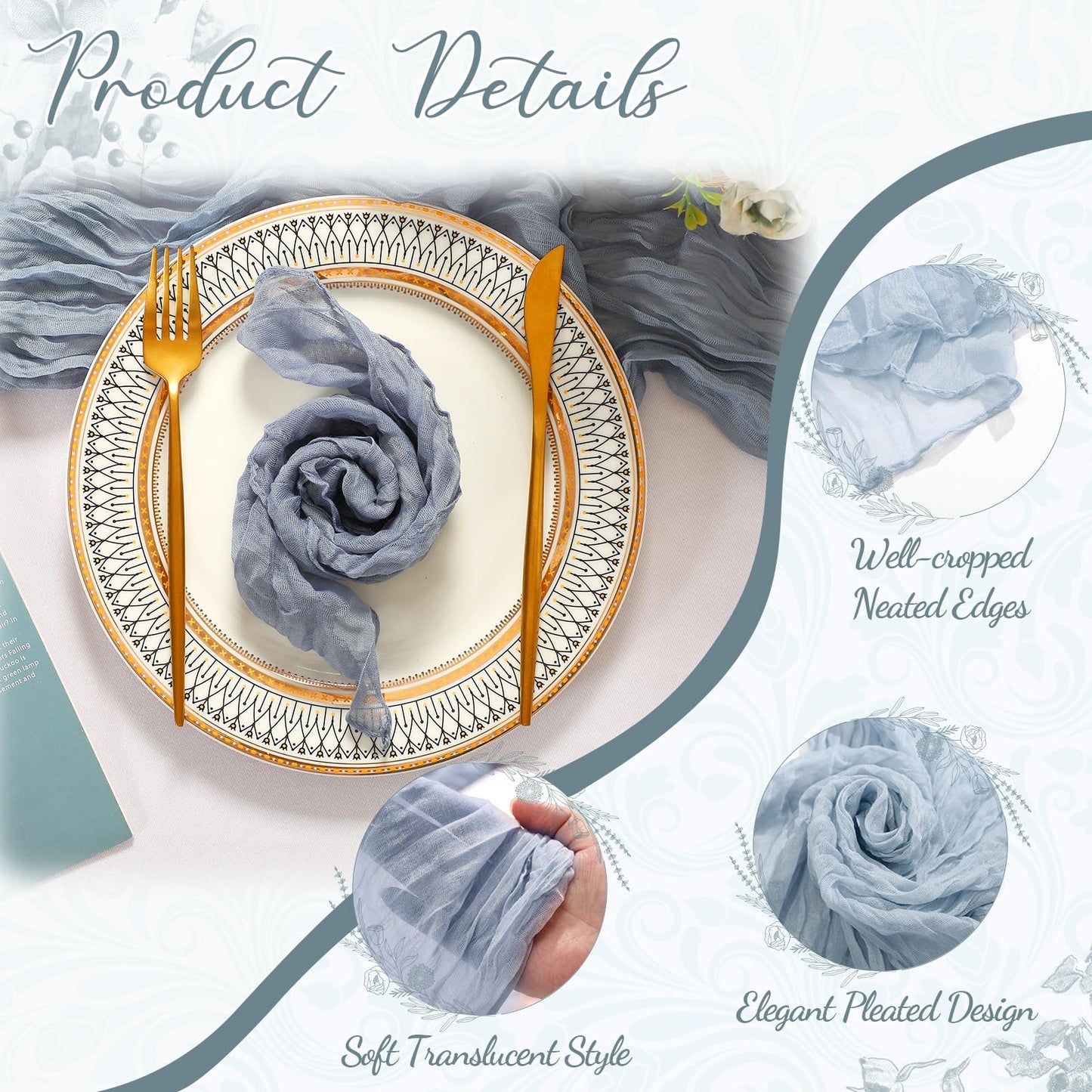 Windkream 2 Cheesecloth Table Runners and 24 Napkins Set, 10Ft Boho Cheese Cloth Table Runners 20 x 20 Inch Rustic Wrinkled Gauze Napkins for Wedding Birthday Baby Shower Party Decor (Dusty Blue)