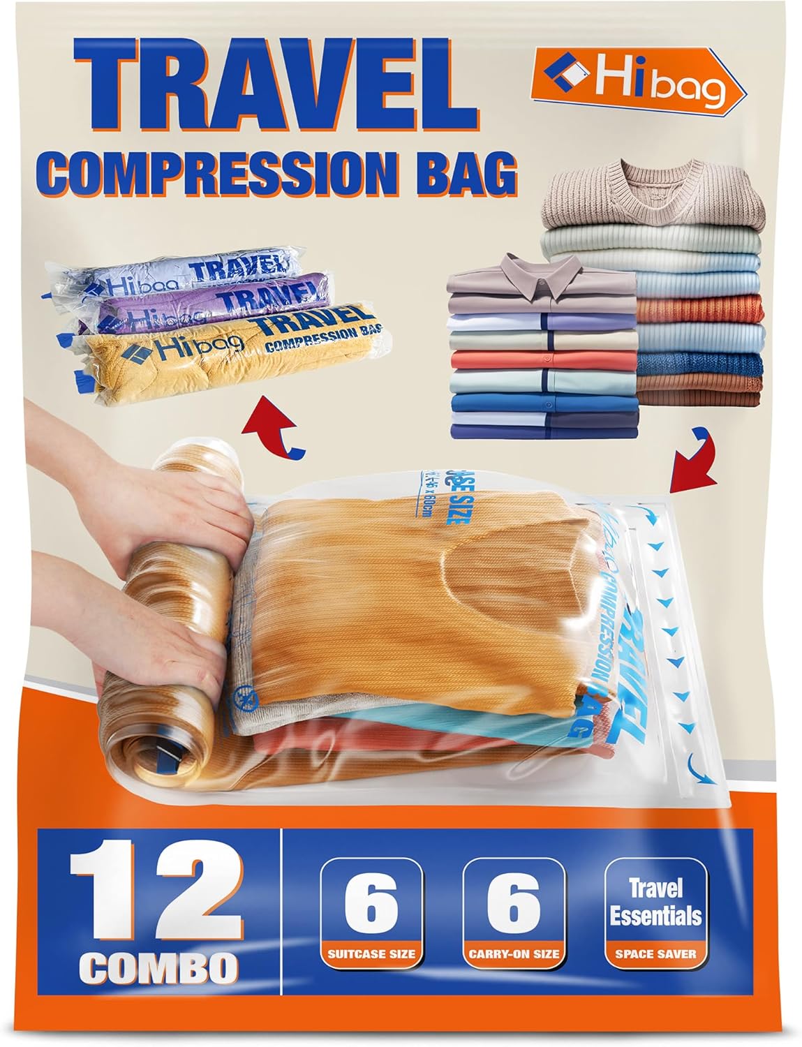 Skiennix Compression Bags - Space-Saving Vacuum Packing for Travel Essentials - 12-Pack