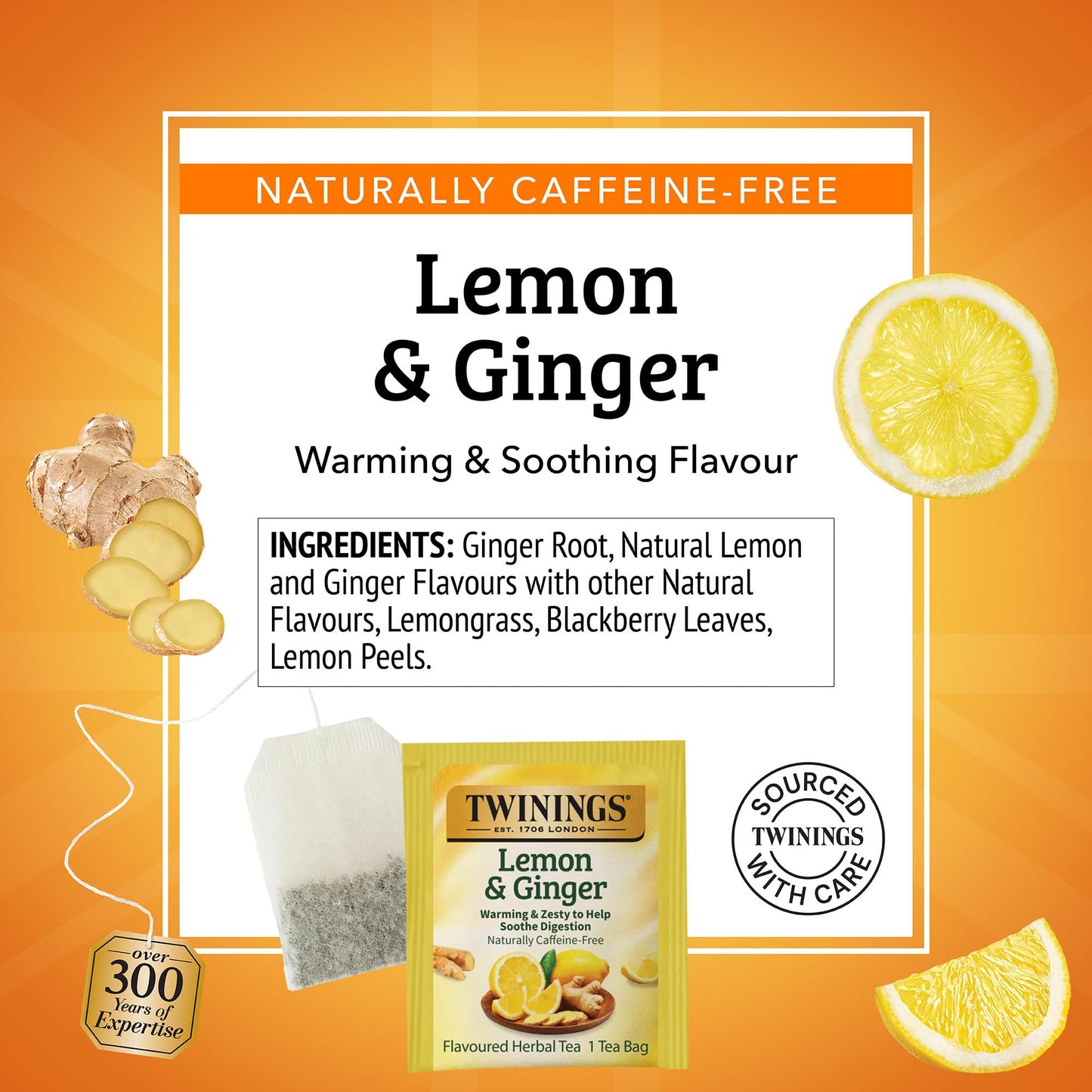 Twinings Lemon & Ginger Herbal Tea Individually Wrapped Bags, 100 Count (Pack of 1), Tangy Lemon, Spicy Ginger, Naturally Caffeine-Free, Enjoy Hot or Iced, 100 Teabags